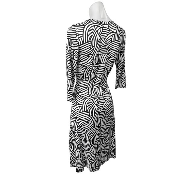 Patty Boutik Black White Abstract Print Faux Wrap 3/4 Sleeve Midi A-Line Dress S - Picture 2 of 5